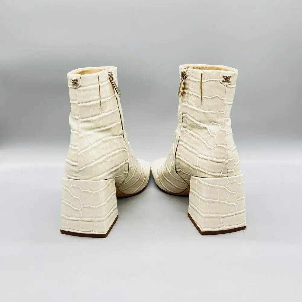 Sam Edelman Boots Womens 7.5 White Croc Embossed Leather Ankle Zip Block Heel